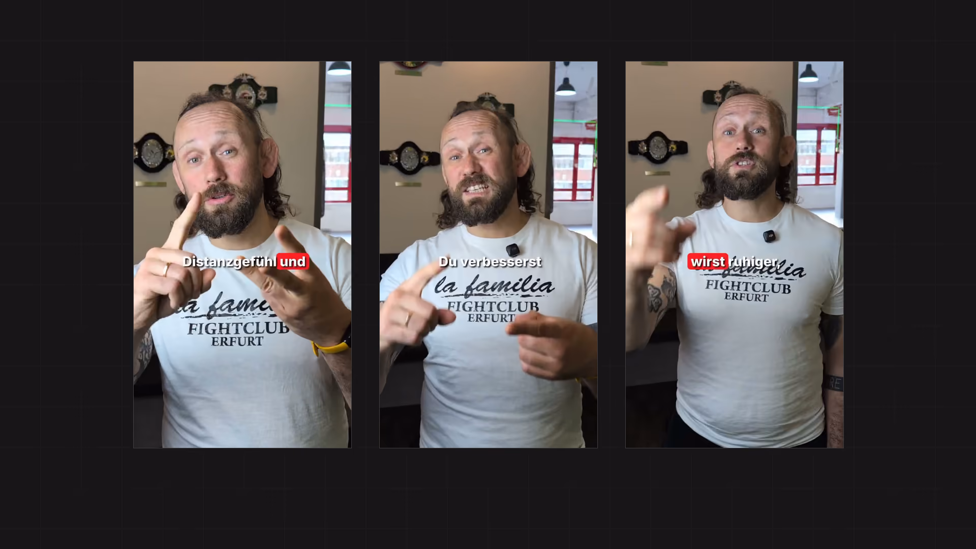 Drei Varianten einer Anzeige für La Familia Fightclub Erfurt: Ein Coach spricht im Hochformat in die Kamera.