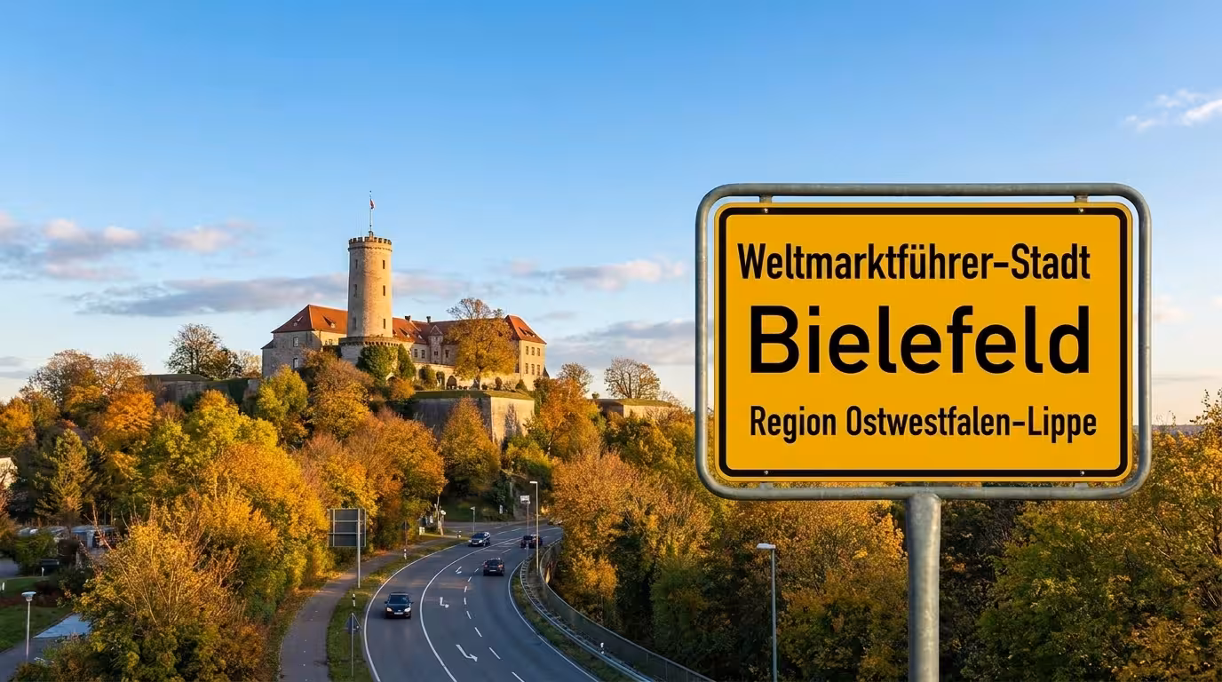 Gelbes Schild „Weltmarktführer-Stadt Bielefeld – Region Ostwestfalen-Lippe“ vor der Sparrenburg.