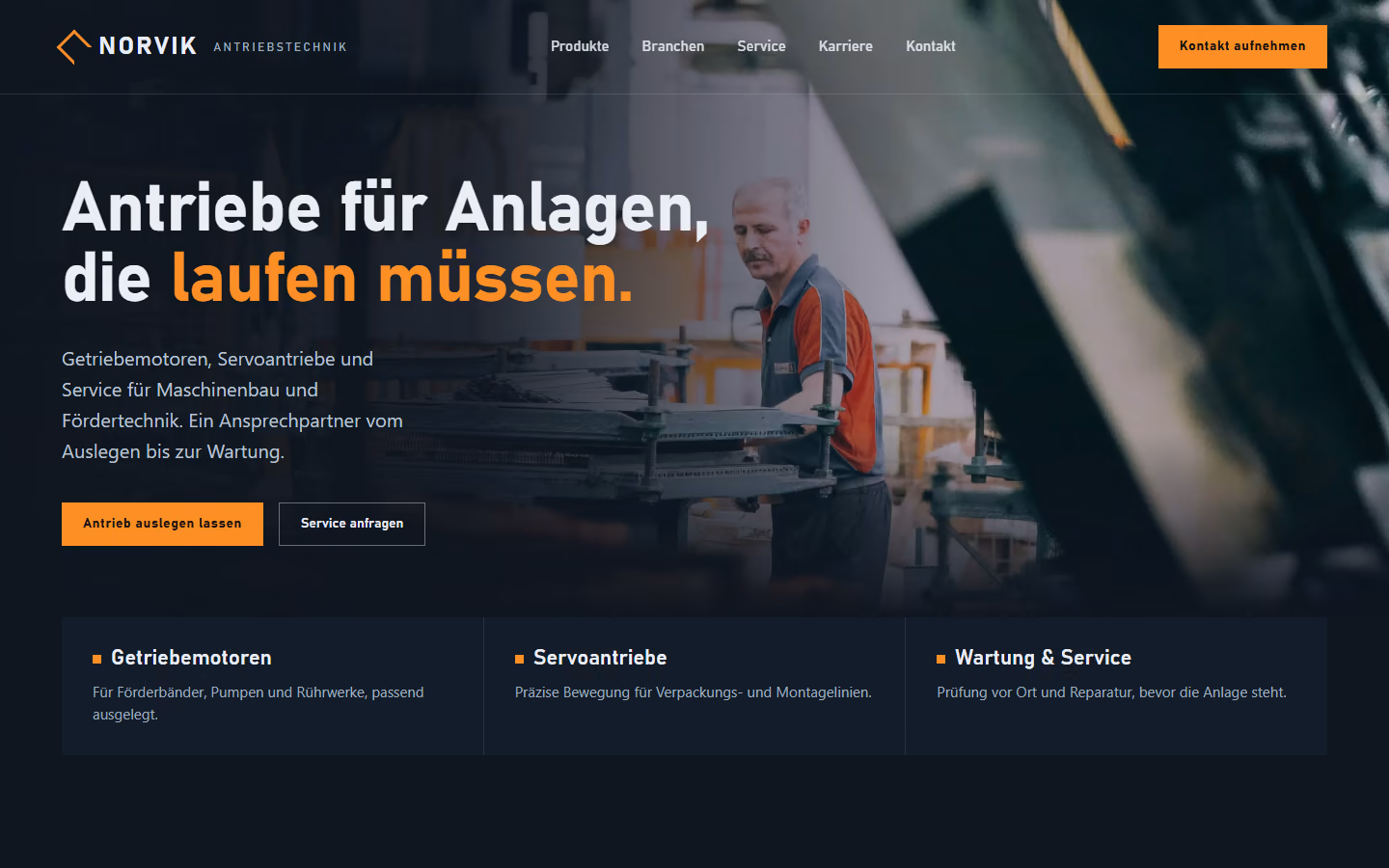 Beispielentwurf einer Website für einen Hersteller von Antrieben: dunkle Seite mit Foto aus einer Fabrikhalle